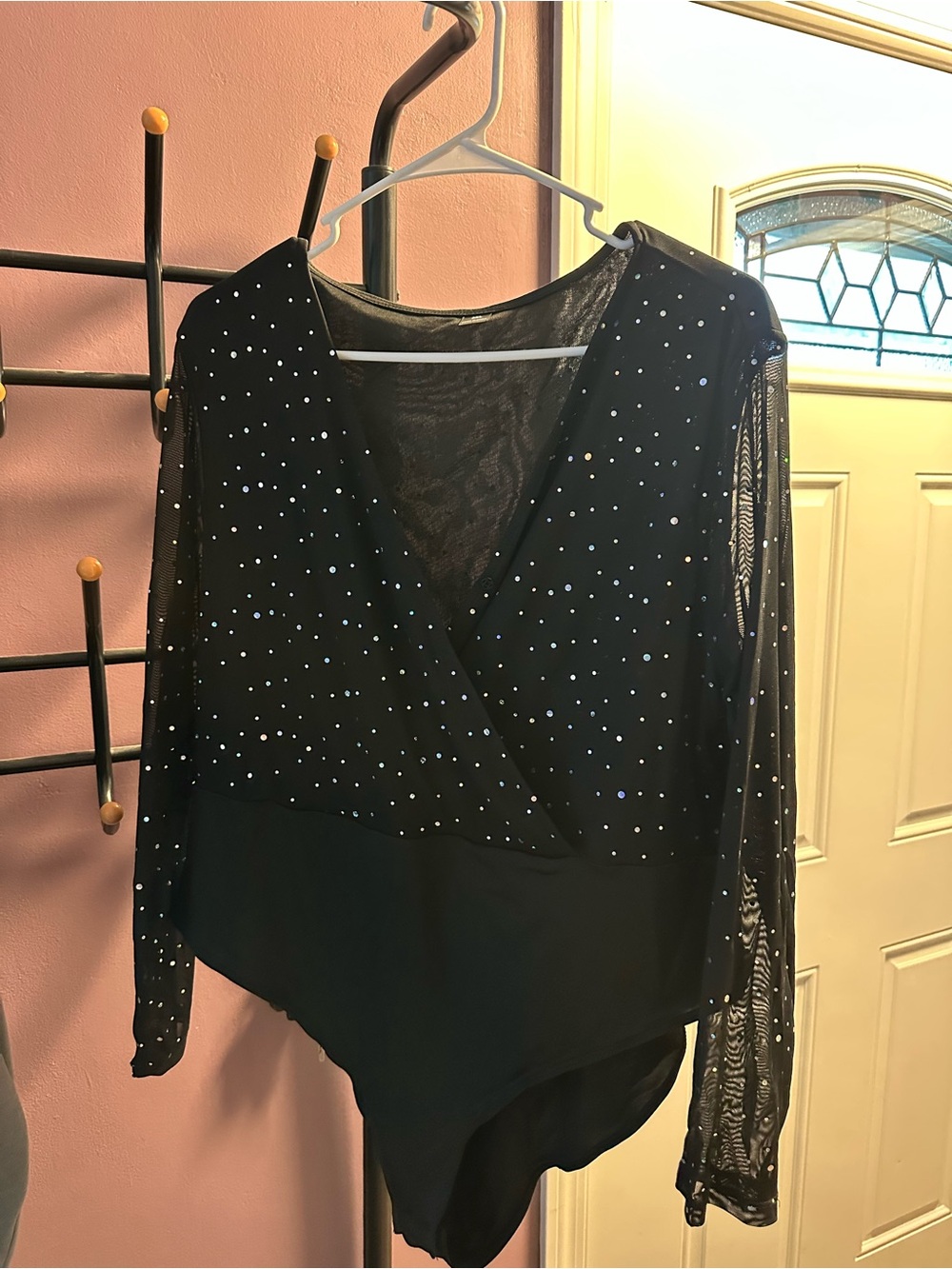 SHEIN Black Rhinestone V-Neck Long Sleeve Bodysuit